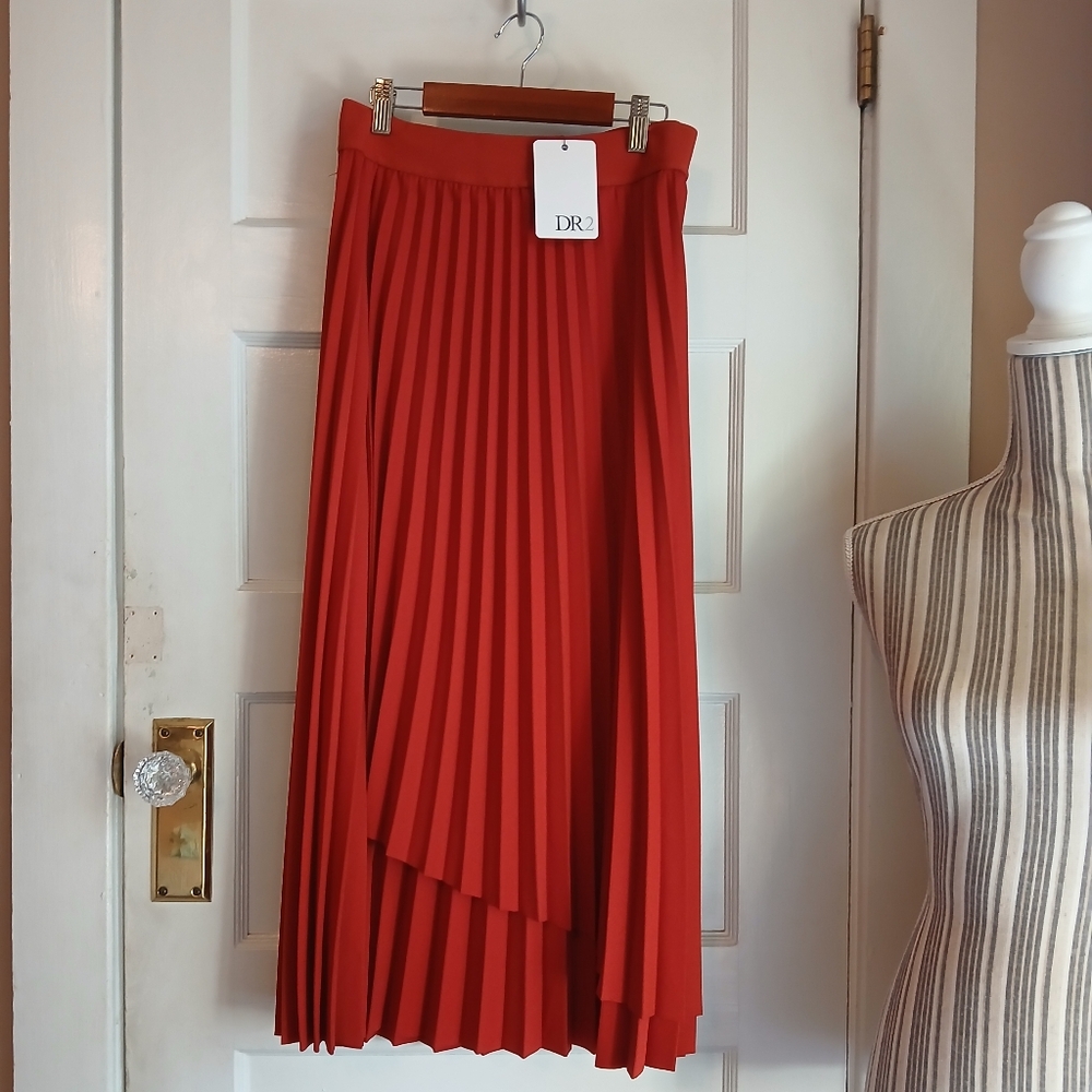 DR2 Red A-Line Midi Skirt with Asymmetrical Pleats